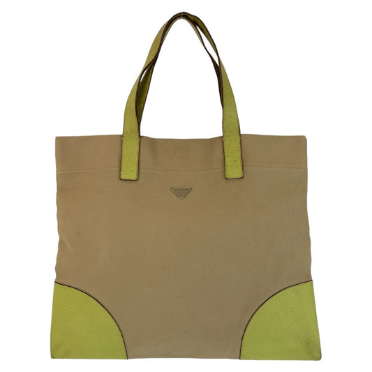 13888
PRADA プラダ 三角ロゴプレート ベージュ グリーン シルバー金具 キャンバス / レザー トートバッグ ハンドバッグ  レディース AB13
