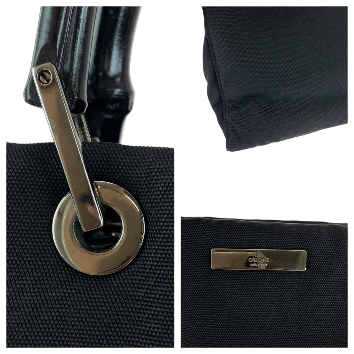 13889
GUCCI グッチ バンブー ブラック 黒 シルバー金具 ナイロン 002 1016 ハンドバッグ トートバッグ  レディース