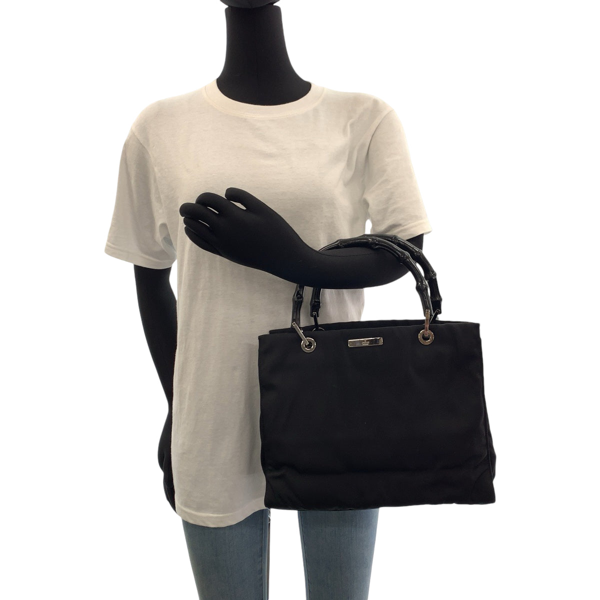 13889
GUCCI グッチ バンブー ブラック 黒 シルバー金具 ナイロン 002 1016 ハンドバッグ トートバッグ  レディース