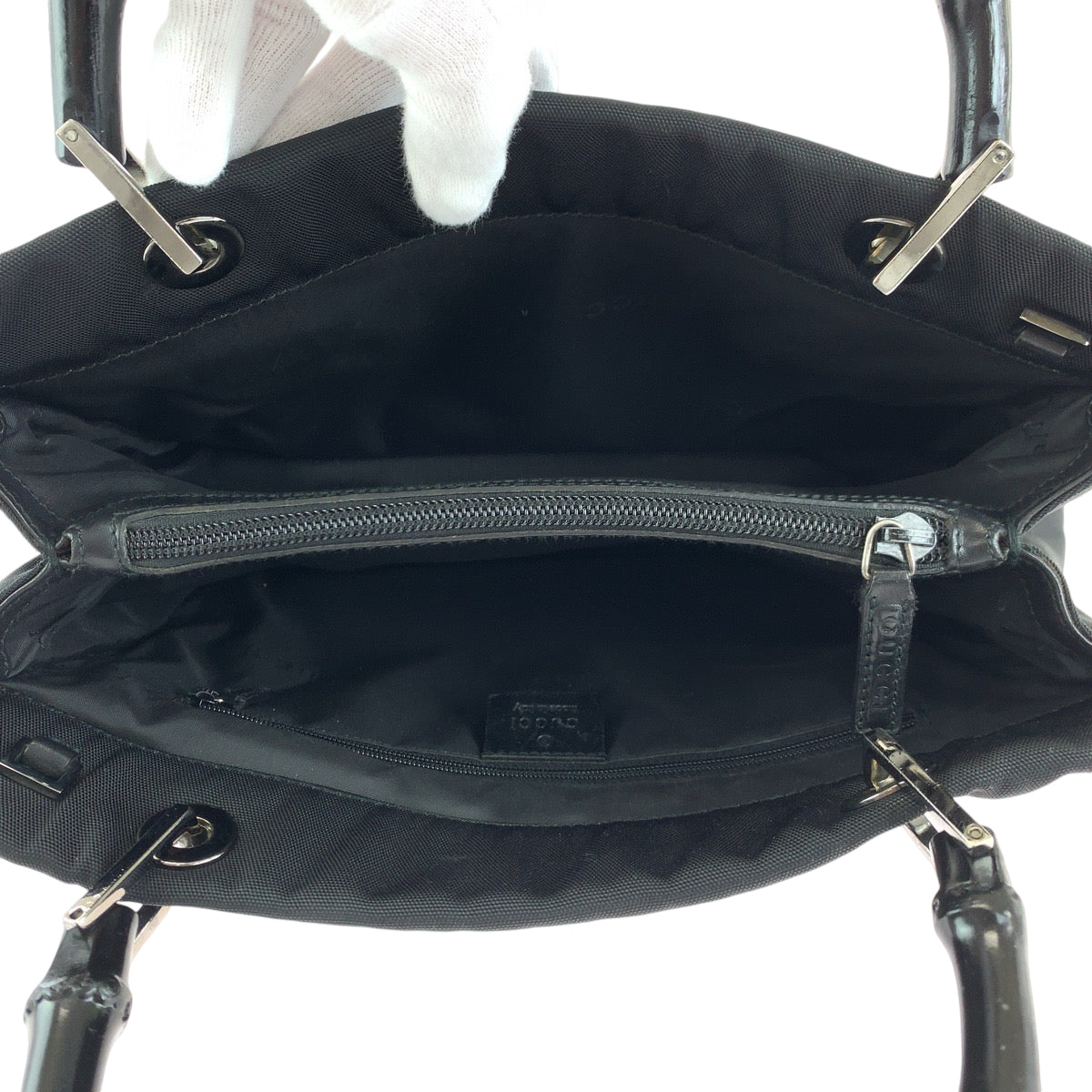 13889
GUCCI グッチ バンブー ブラック 黒 シルバー金具 ナイロン 002 1016 ハンドバッグ トートバッグ  レディース