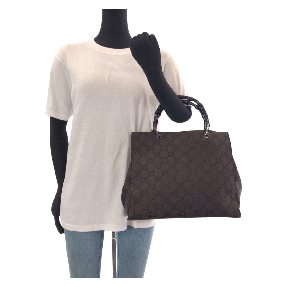 14379
GUCCI グッチ バンブー GG柄 ブラウン シルバー金具 ナイロン 002 1010 2852 トートバッグ ハンドバッグ  レディース