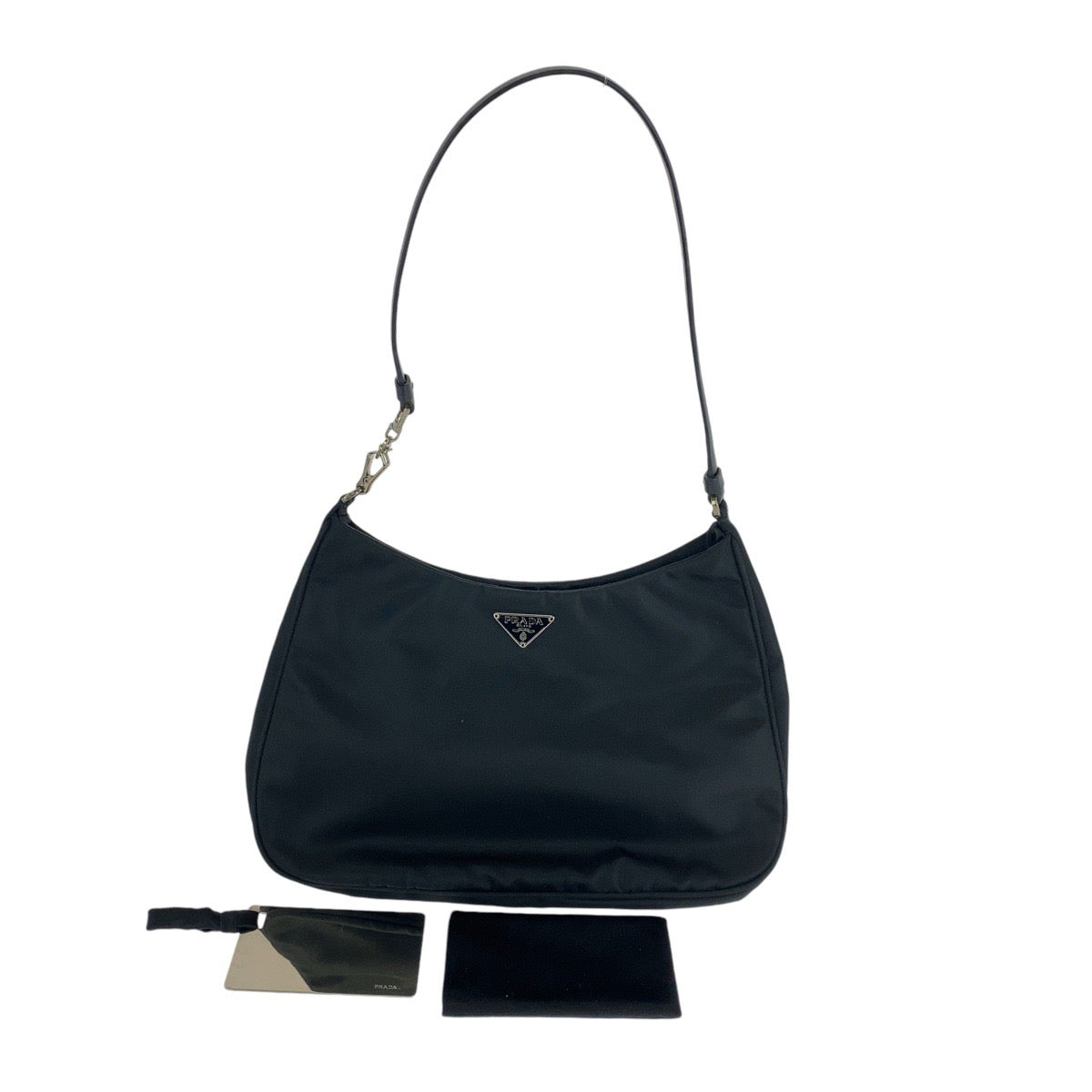 PRADA Prada Tessuto Triangle Logo Plate with Mirror Black Silver Hardware Nylon/Leather Shoulder Bag for Women