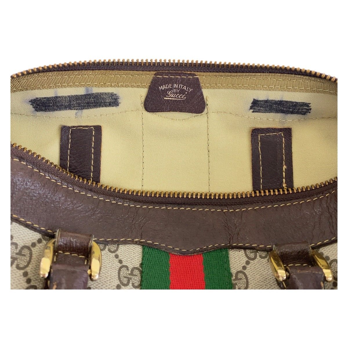 14389
GUCCI グッチ シェリーライン ブラウン ベージュ ゴールド金具 GGスプリームキャンバス / レザー ハンドバッグ ボストンバッグ  レディース