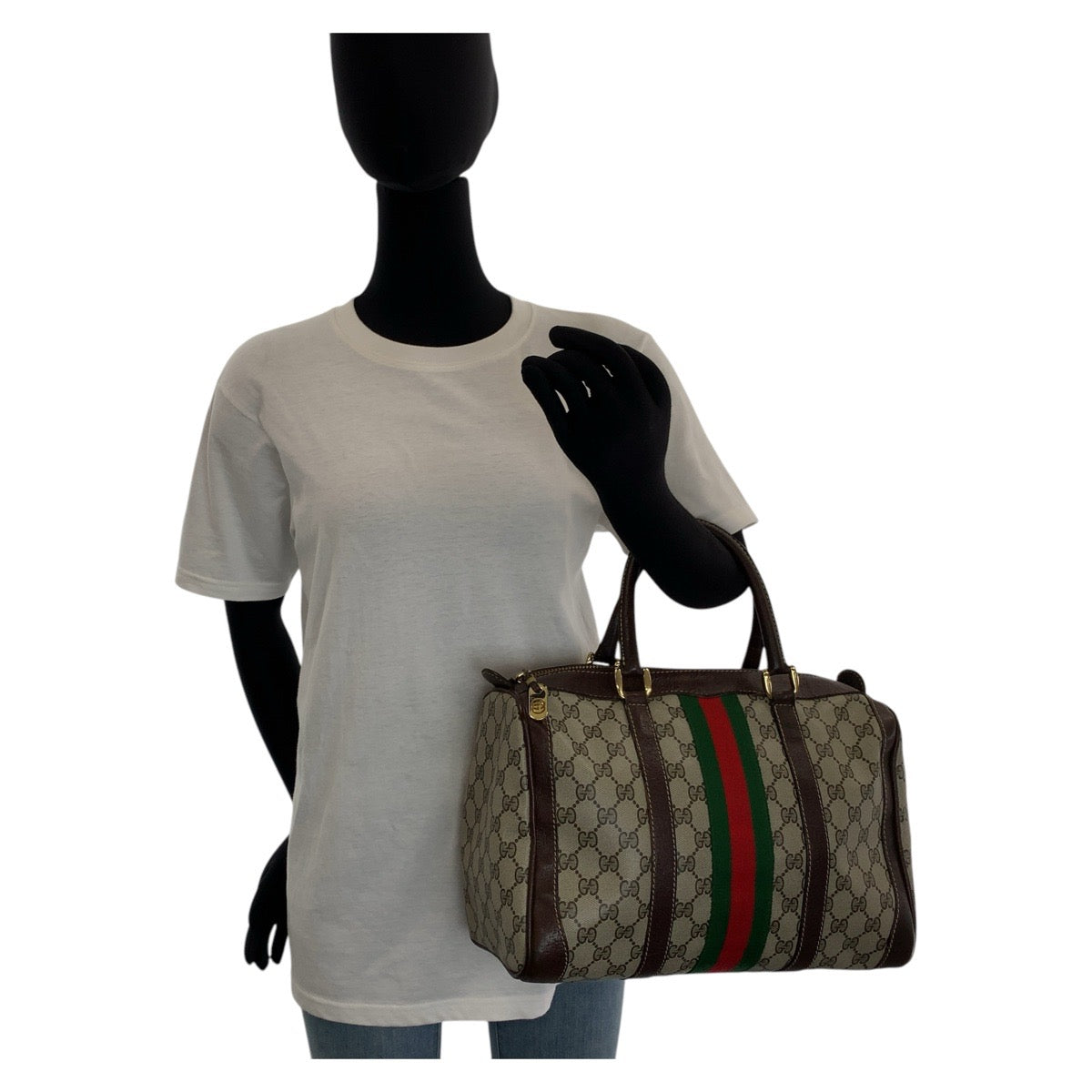 14389
GUCCI グッチ シェリーライン ブラウン ベージュ ゴールド金具 GGスプリームキャンバス / レザー ハンドバッグ ボストンバッグ  レディース