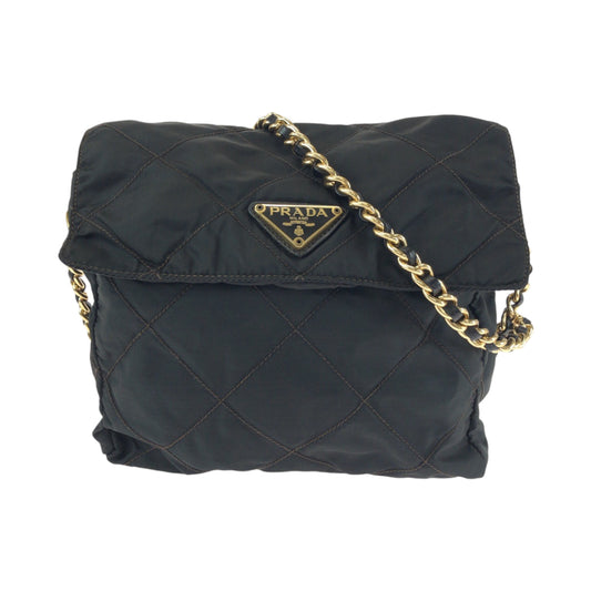 14393
PRADA プラダ ヴィンテージ テスート 三角ロゴプレート ブラック 黒 ゴールド金具 ナイロン チェーンショルダーバッグ ポシェット  レディース