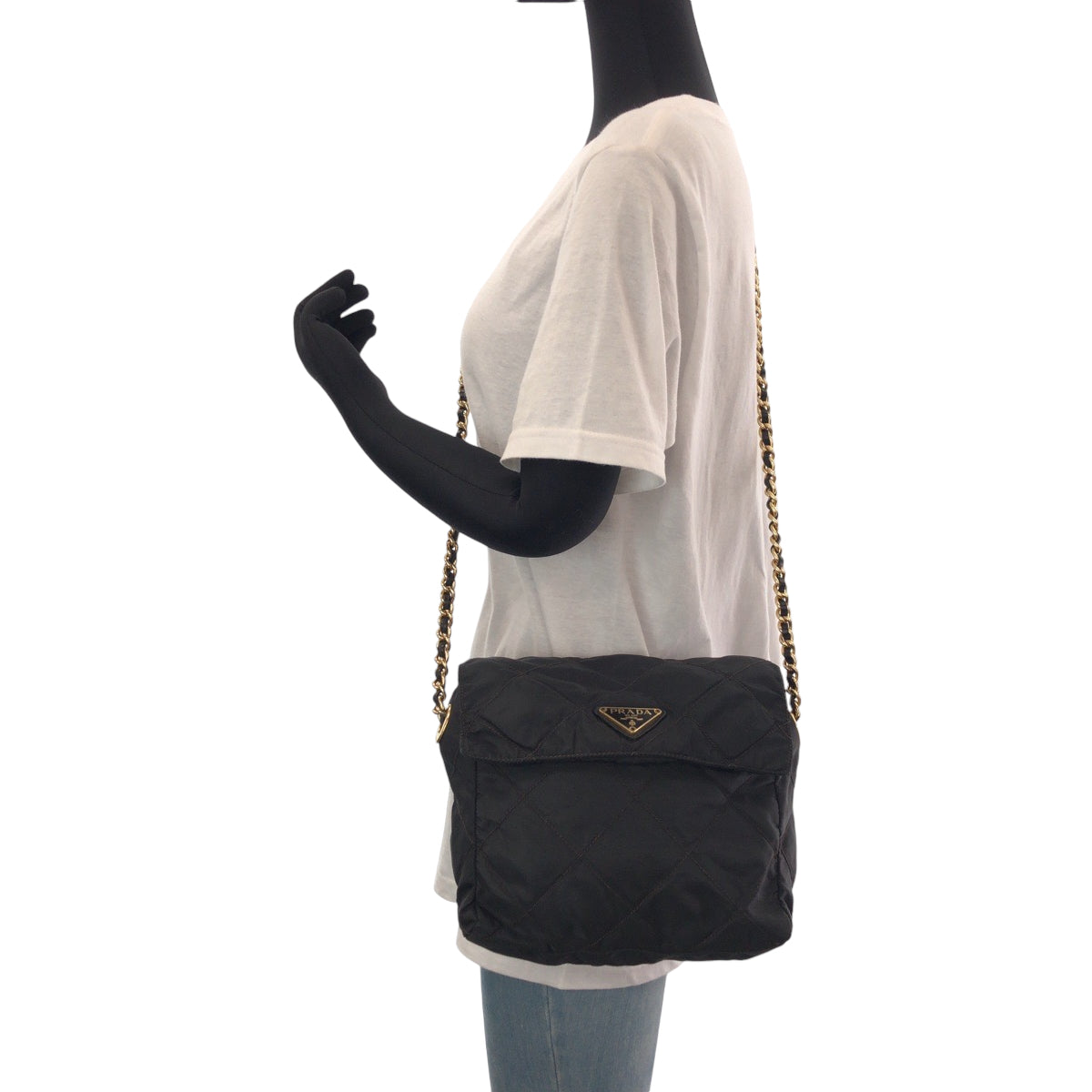 14393
PRADA プラダ ヴィンテージ テスート 三角ロゴプレート ブラック 黒 ゴールド金具 ナイロン チェーンショルダーバッグ ポシェット  レディース