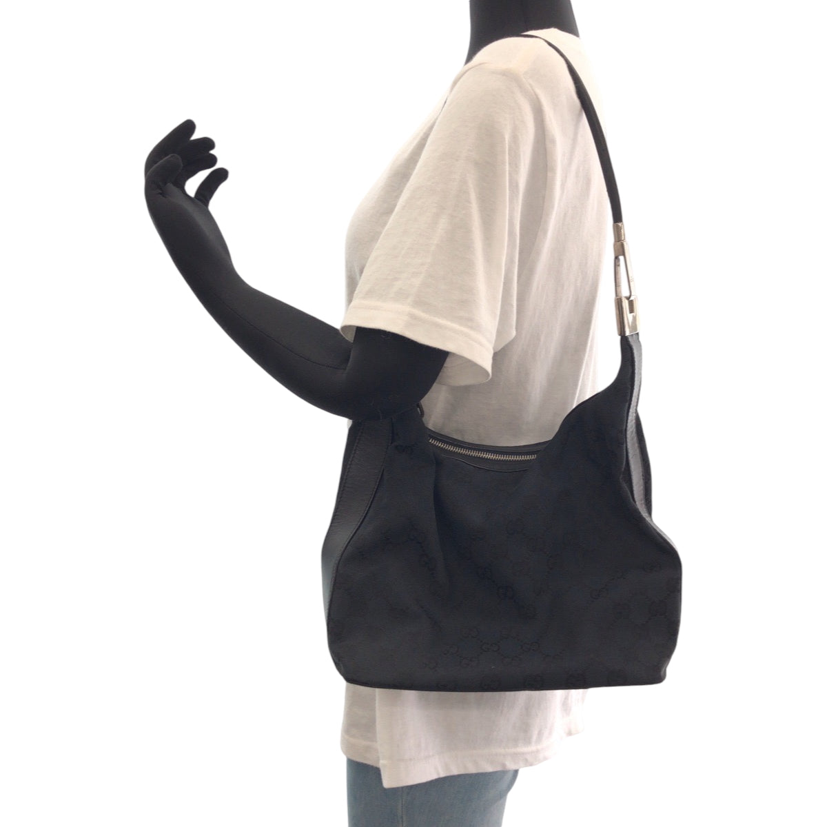 14398
GUCCI グッチ ブラック 黒 シルバー金具 GGキャンバス 001 3814 ホーボー ショルダーバッグ  レディース