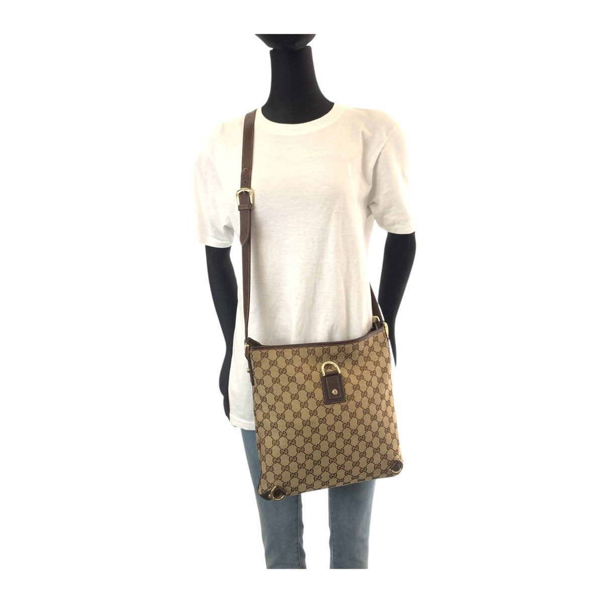 14401
GUCCI グッチ アビー ベージュ ブラウン ゴールド金具 GGキャンバス / レザー 斜め掛け ショルダーバッグ ポシェット  レディース