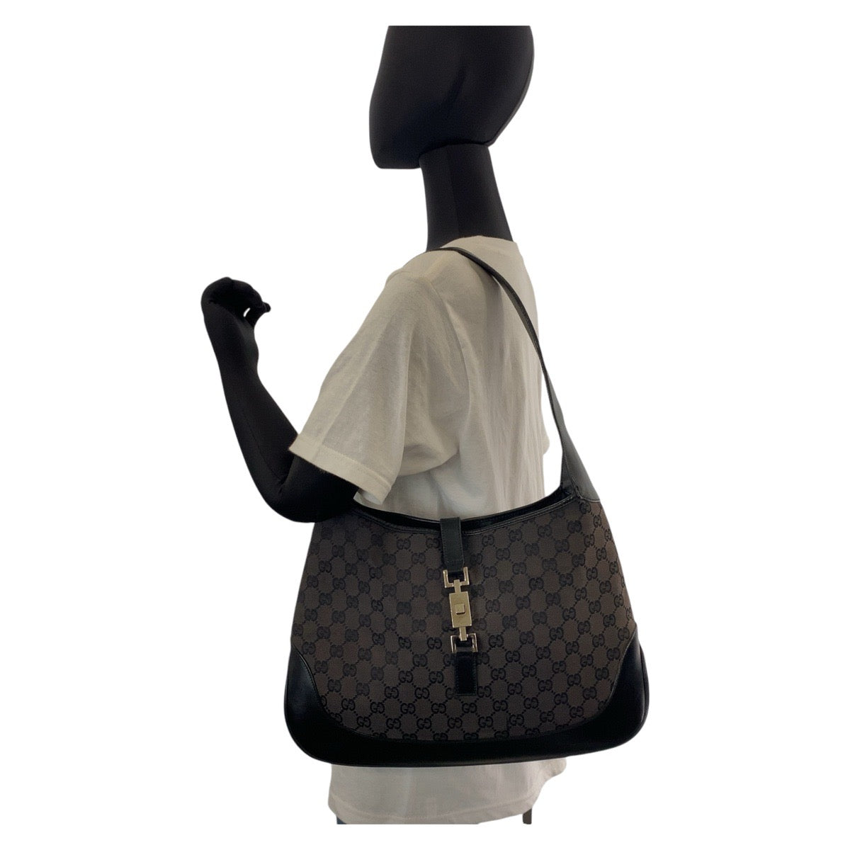 14406
GUCCI グッチ ジャッキー ブラック 黒 シルバー金具 GGキャンバス / レザー 001 3346 ホーボー ショルダーバッグ  レディース