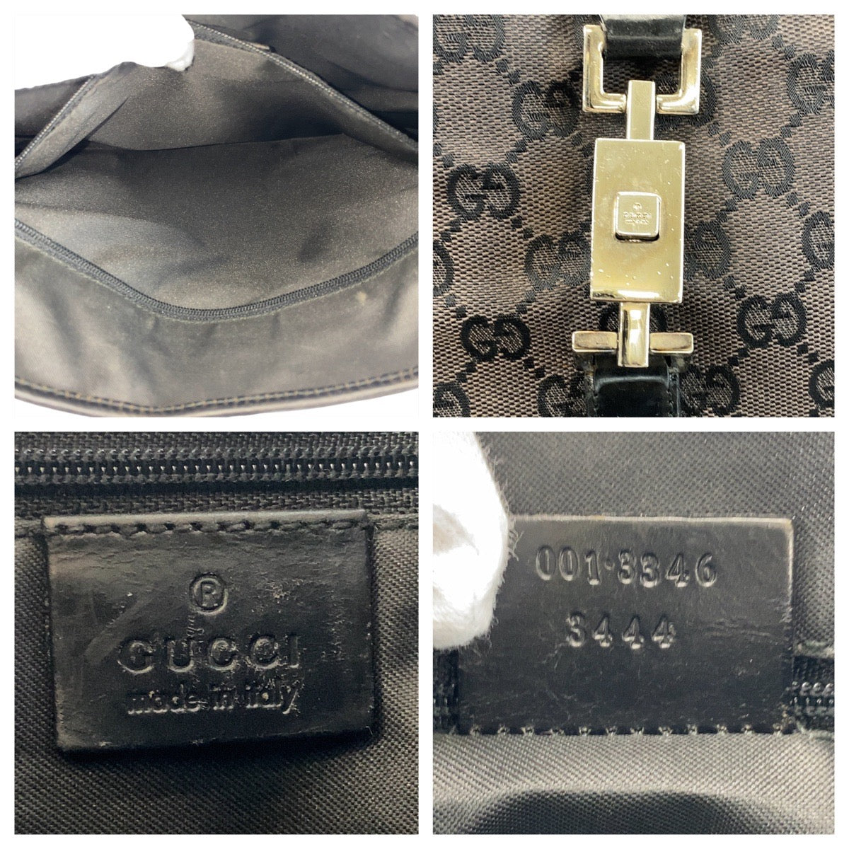14406
GUCCI グッチ ジャッキー ブラック 黒 シルバー金具 GGキャンバス / レザー 001 3346 ホーボー ショルダーバッグ  レディース
