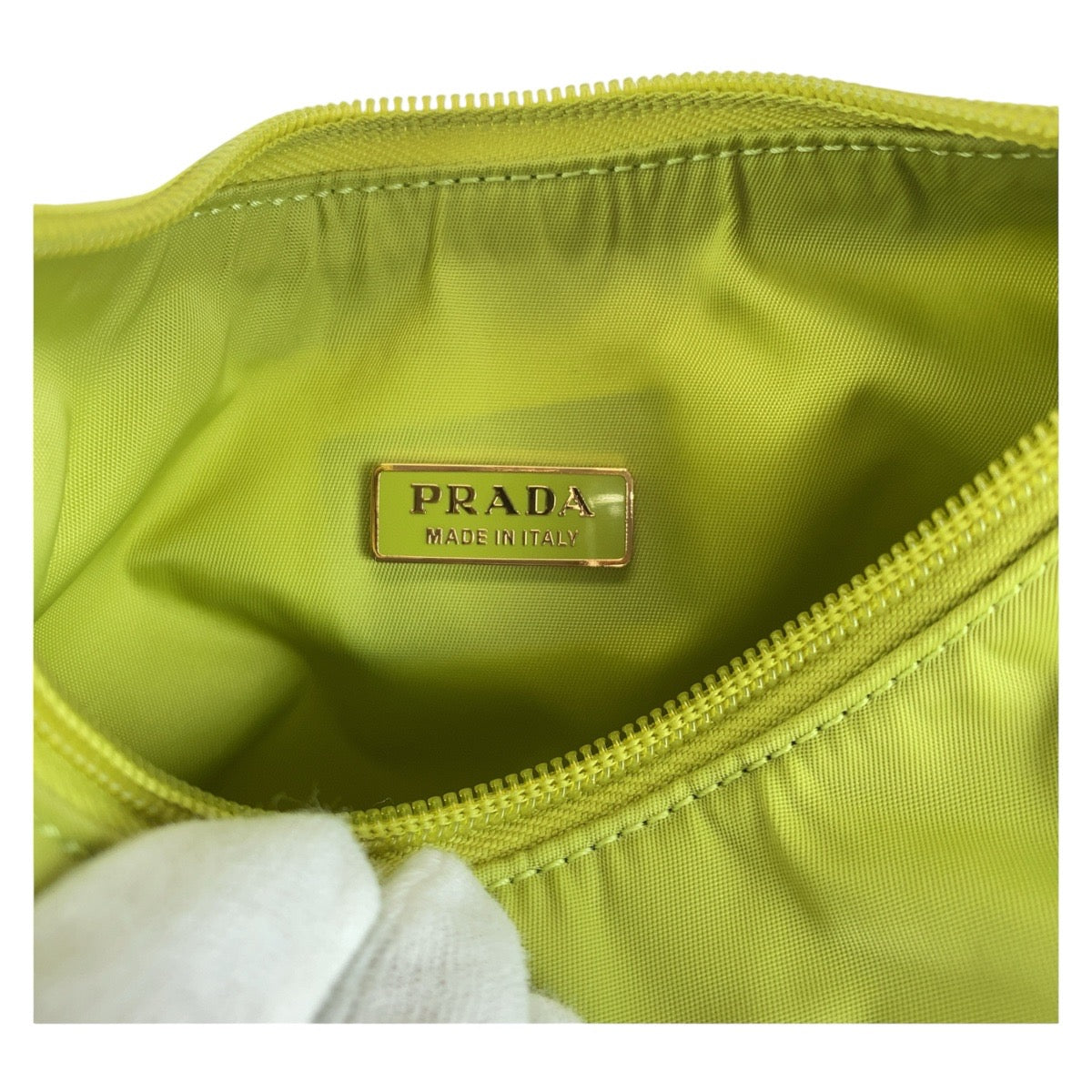 13916
PRADA プラダ テスート 三角プレート グリーン ゴールド金具 ナイロン ホーボー アクセサリーポーチ ハンドバッグ  レディース