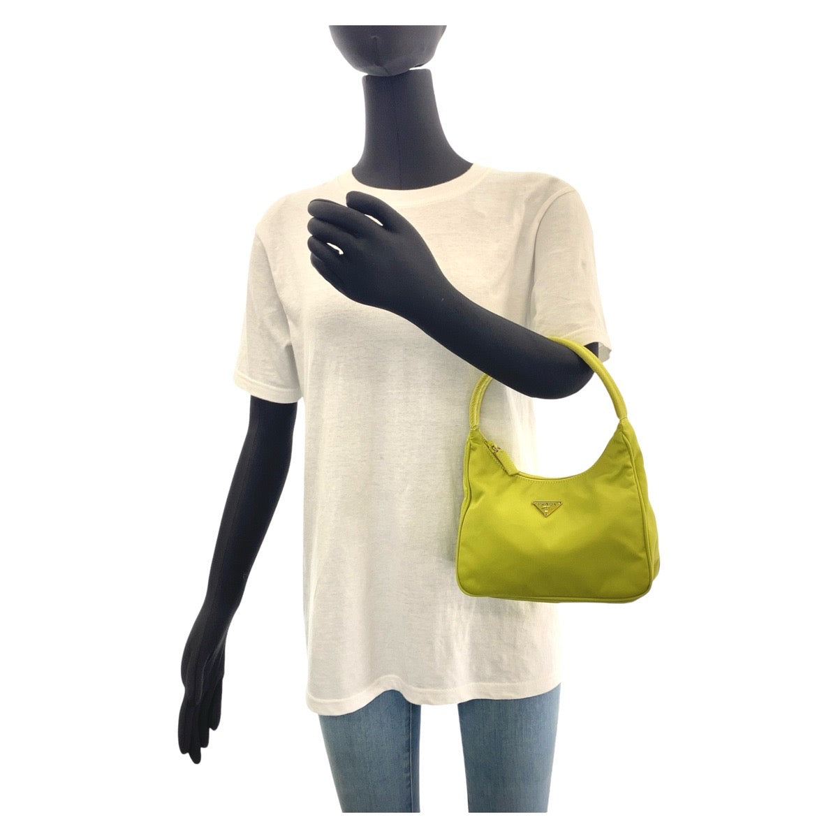 13916
PRADA プラダ テスート 三角プレート グリーン ゴールド金具 ナイロン ホーボー アクセサリーポーチ ハンドバッグ  レディース