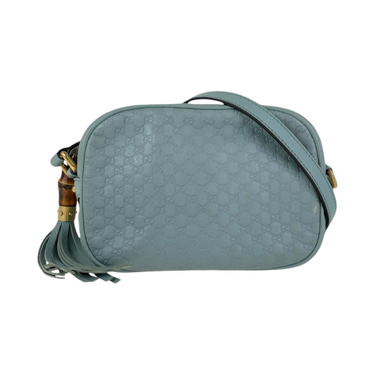 13921
GUCCI グッチ マイクログッチシマ バンブー ブルー ゴールド金具 レザー 309538 斜め掛け ショルダーバッグ ポシェット  レディース AB40