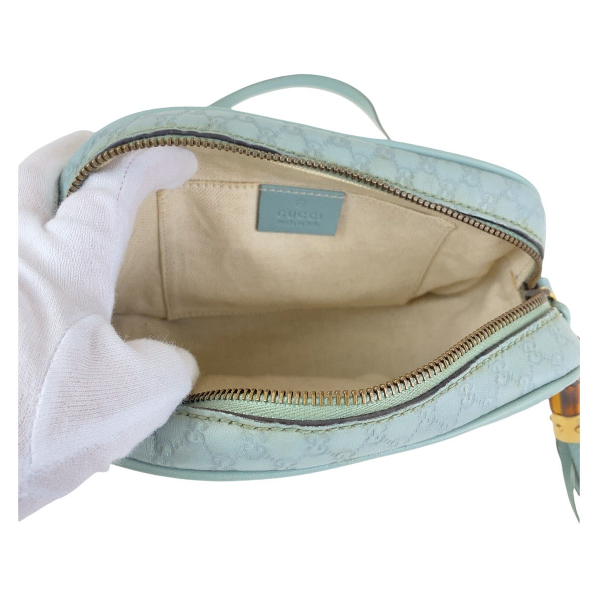 13921
GUCCI グッチ マイクログッチシマ バンブー ブルー ゴールド金具 レザー 309538 斜め掛け ショルダーバッグ ポシェット  レディース AB40