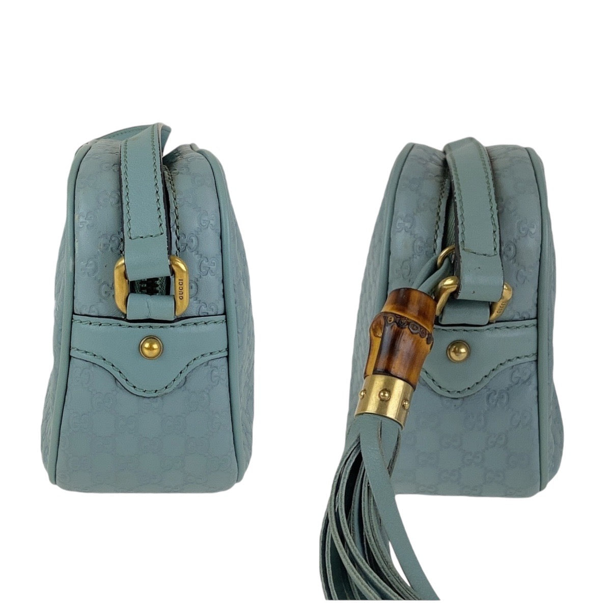 13921
GUCCI グッチ マイクログッチシマ バンブー ブルー ゴールド金具 レザー 309538 斜め掛け ショルダーバッグ ポシェット  レディース AB40