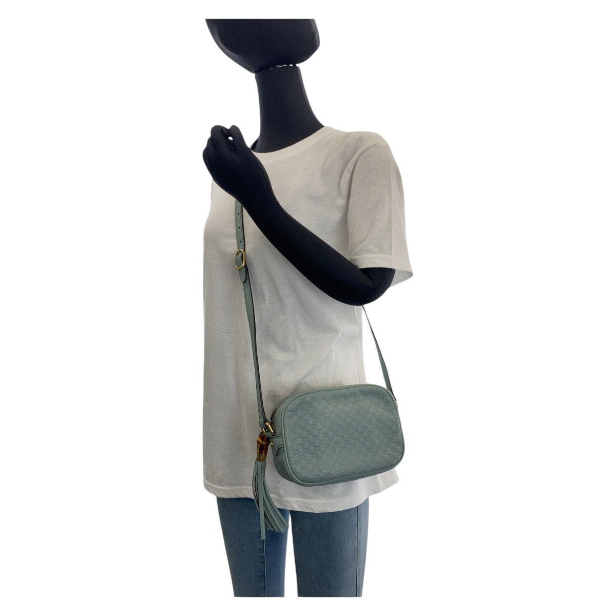 13921
GUCCI グッチ マイクログッチシマ バンブー ブルー ゴールド金具 レザー 309538 斜め掛け ショルダーバッグ ポシェット  レディース AB40