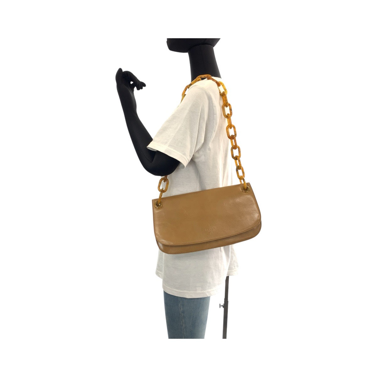 14414
PRADA プラダ ブラウン 茶 シルバー金具 レザー / プラスチック プラチェーン ショルダーバッグ 肩掛け  レディース