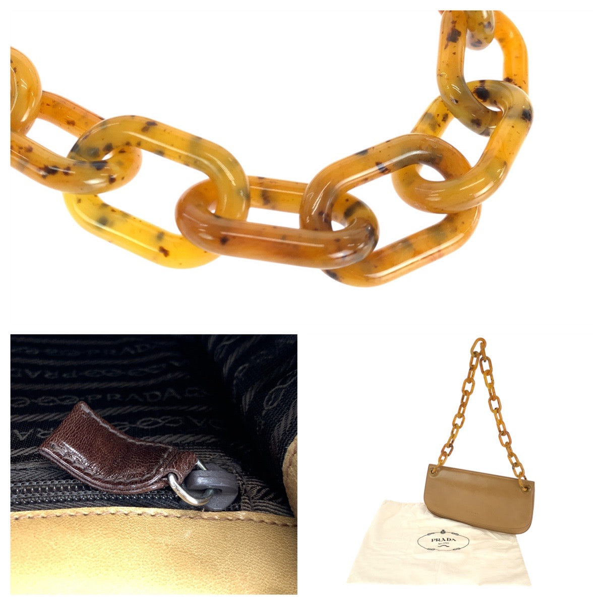 14414
PRADA プラダ ブラウン 茶 シルバー金具 レザー / プラスチック プラチェーン ショルダーバッグ 肩掛け  レディース