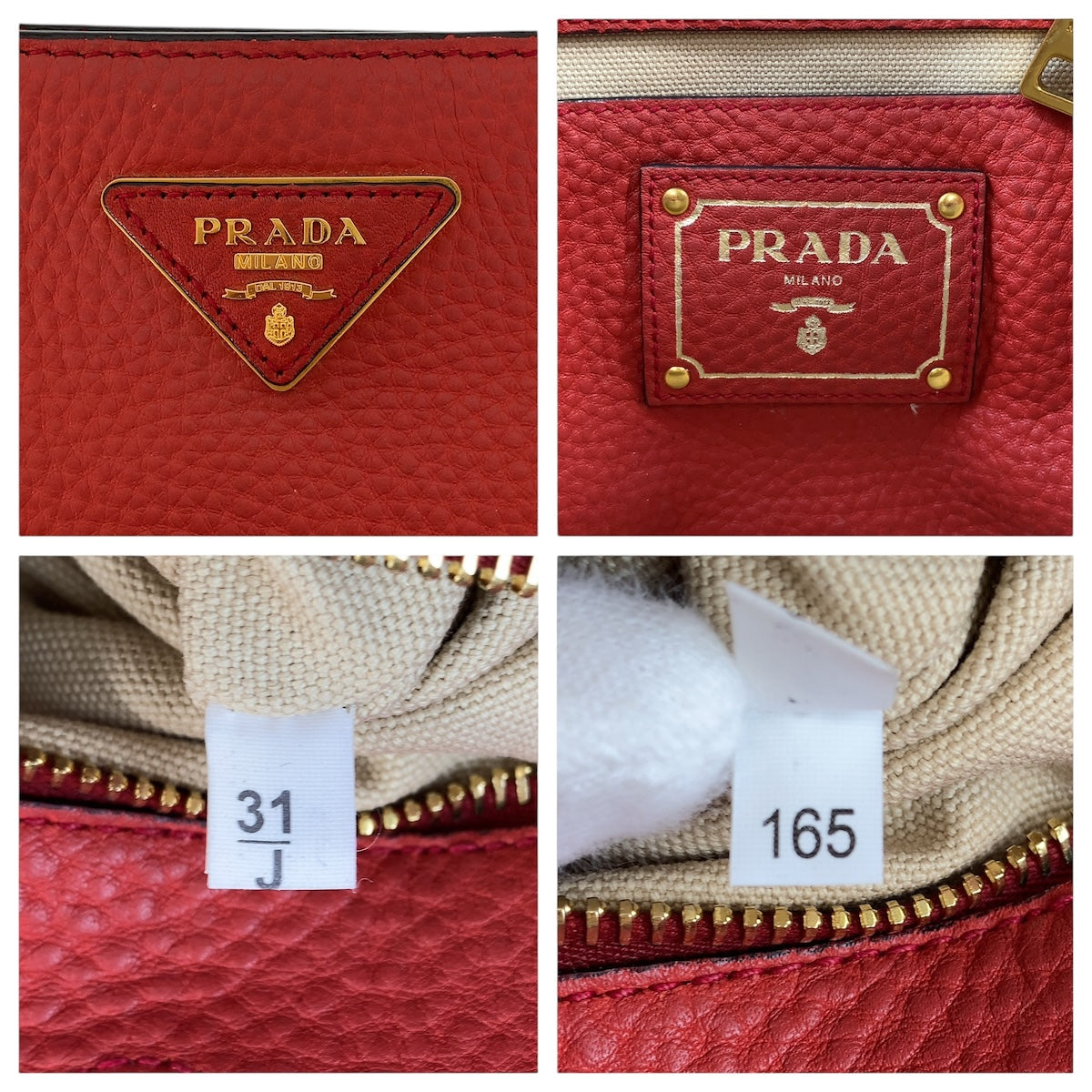 14433
PRADA プラダ 三角ロゴプレート レッド ゴールド金具 レザー トートバッグ ショルダーバッグ  レディース
