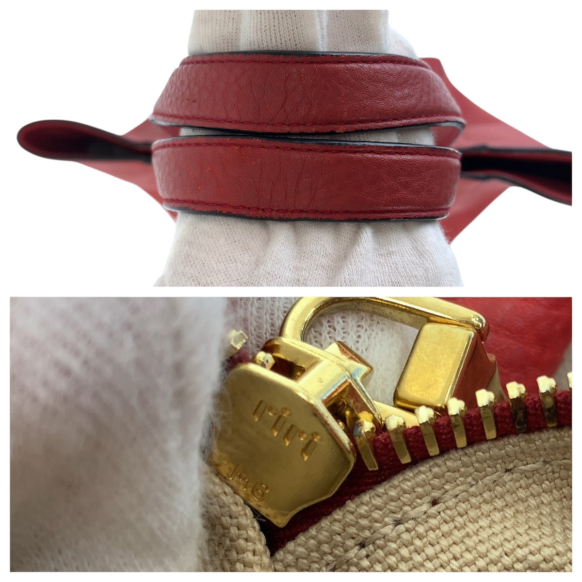 14433
PRADA プラダ 三角ロゴプレート レッド ゴールド金具 レザー トートバッグ ショルダーバッグ  レディース