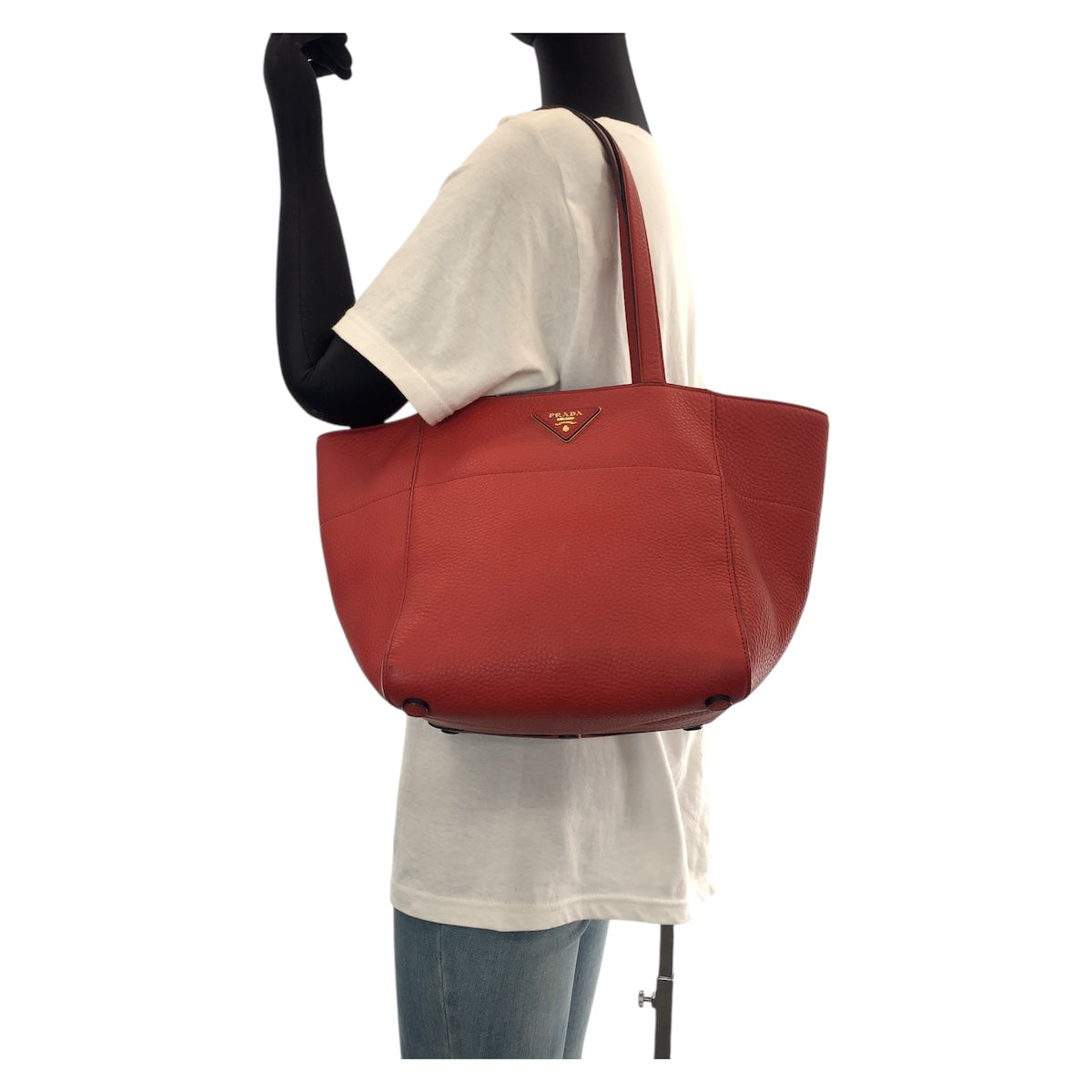 14433
PRADA プラダ 三角ロゴプレート レッド ゴールド金具 レザー トートバッグ ショルダーバッグ  レディース