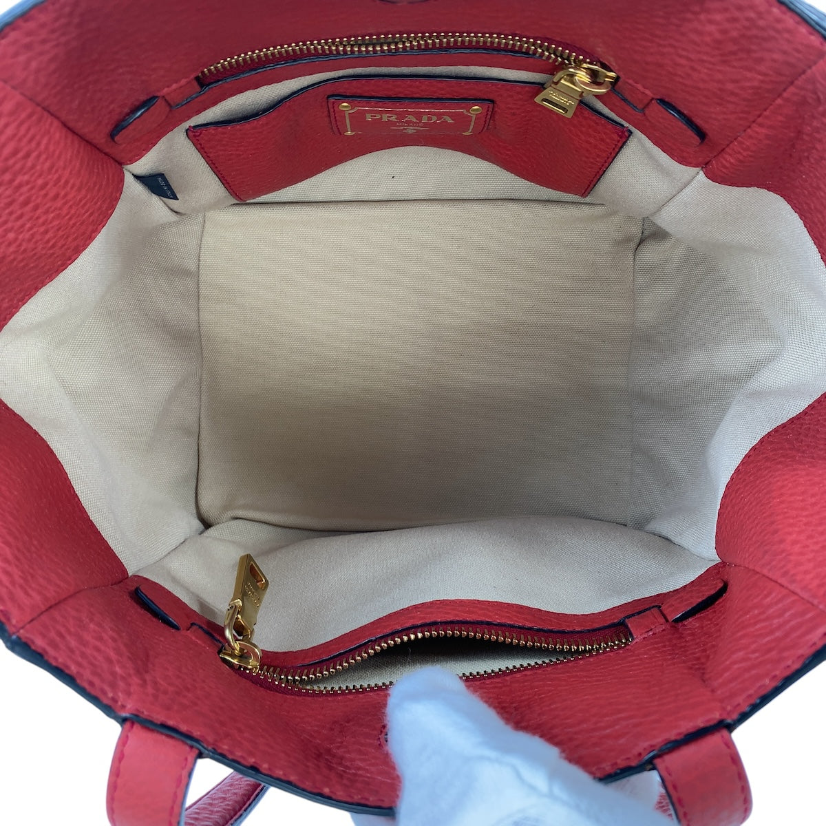 14433
PRADA プラダ 三角ロゴプレート レッド ゴールド金具 レザー トートバッグ ショルダーバッグ  レディース
