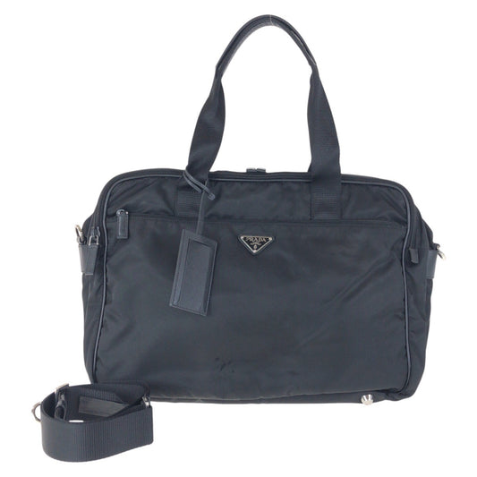 14434
PRADA プラダ テスート サフィアーノ 三角ロゴプレート ブラック 黒 シルバー金具 ナイロン / レザー ビジネスバッグ ブリーフケース 2way  メンズ