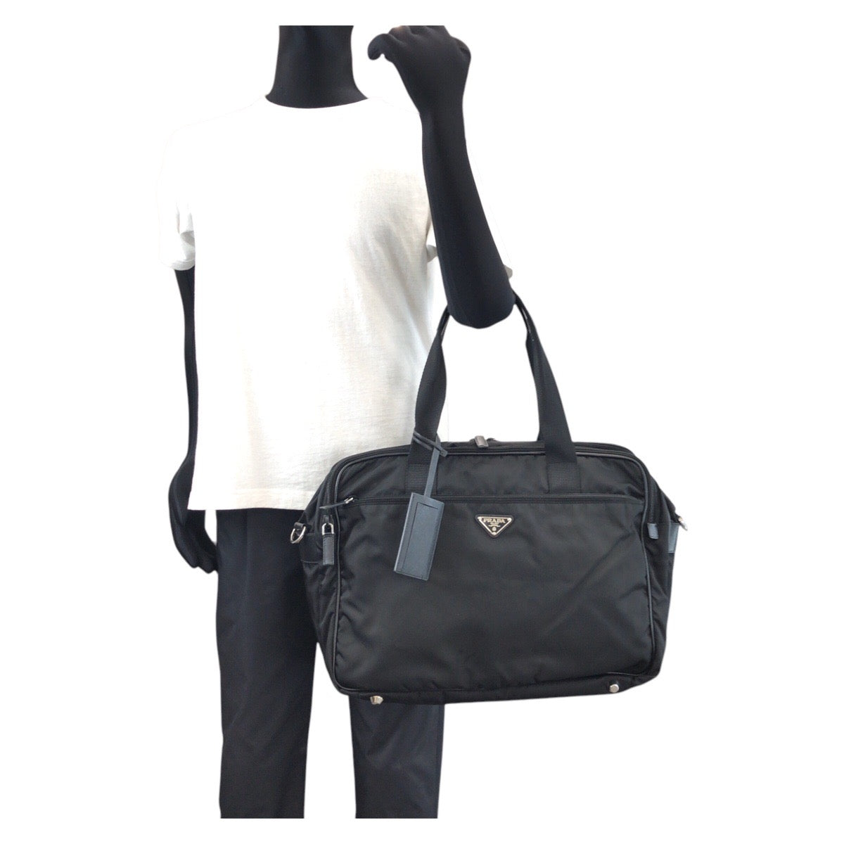 14434
PRADA プラダ テスート サフィアーノ 三角ロゴプレート ブラック 黒 シルバー金具 ナイロン / レザー ビジネスバッグ ブリーフケース 2way  メンズ