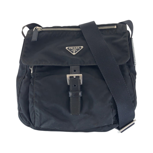 14436
PRADA プラダ テスート 三角ロゴプレート ブラック 黒 シルバー金具 ナイロン / レザー ショルダーバッグ ポシェット  レディース