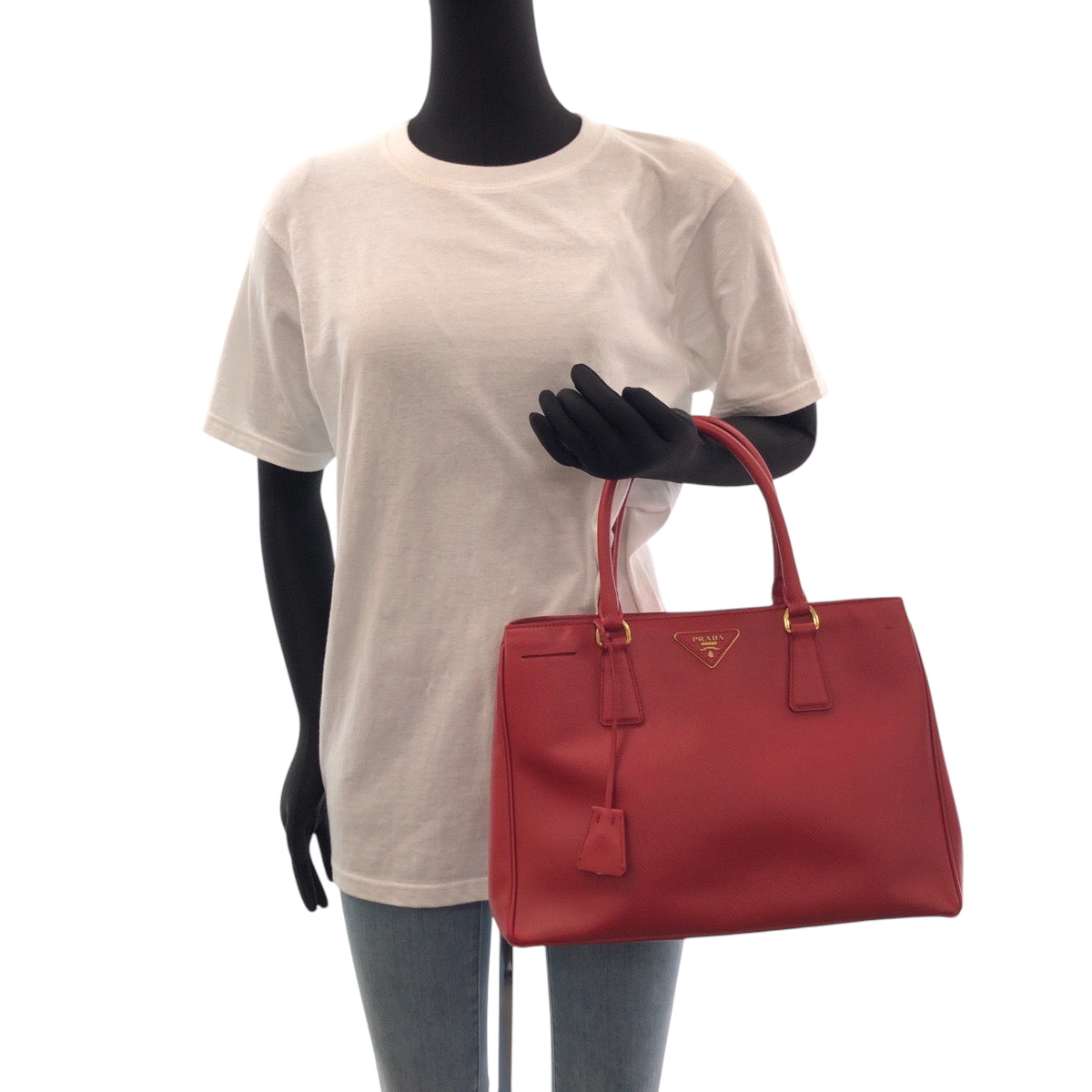 14450
PRADA プラダ ガレリア サフィアーノ 三角ロゴプレート レッド ゴールド金具 レザー トートバッグ ハンドバッグ  レディース ABP45