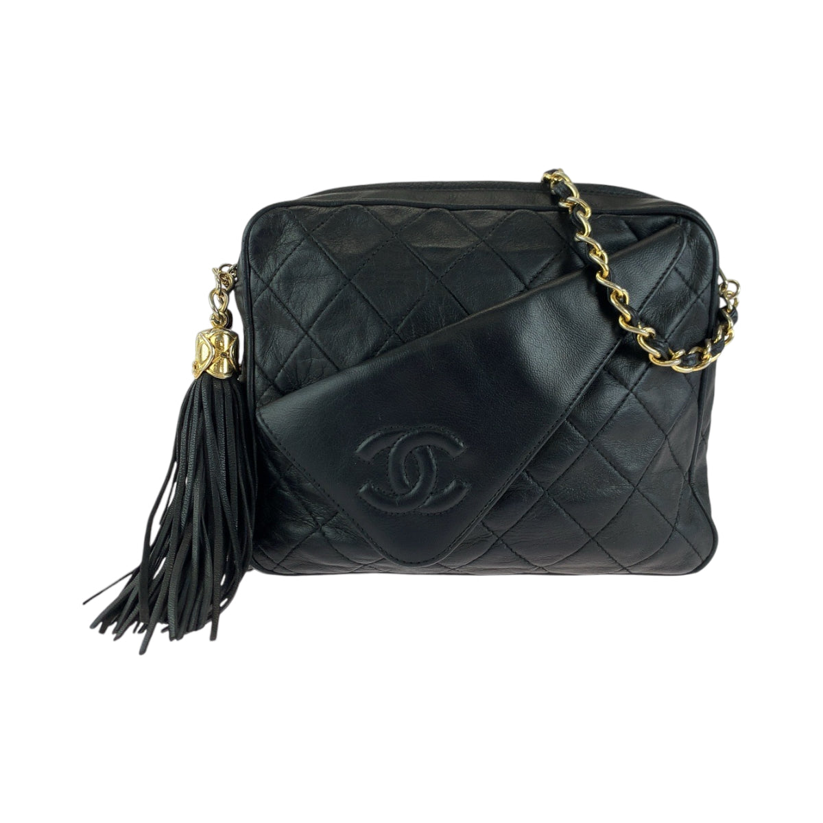 13929
CHANEL シャネル ヴィンテージ マトラッセ ココマーク フリンジ タッセル ブラック 黒 シルバー金具 ラムスキン チェーンショルダーバッグ 斜め掛け  レディース
