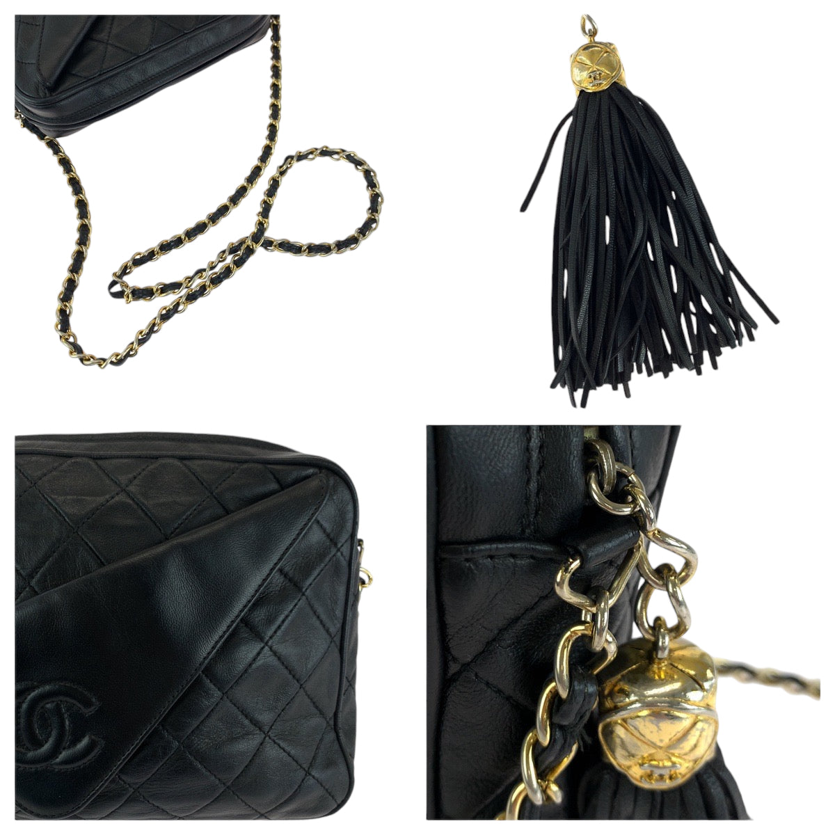 13929
CHANEL シャネル ヴィンテージ マトラッセ ココマーク フリンジ タッセル ブラック 黒 シルバー金具 ラムスキン チェーンショルダーバッグ 斜め掛け  レディース