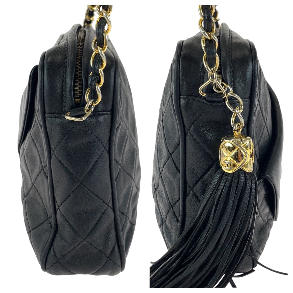 13929
CHANEL シャネル ヴィンテージ マトラッセ ココマーク フリンジ タッセル ブラック 黒 シルバー金具 ラムスキン チェーンショルダーバッグ 斜め掛け  レディース