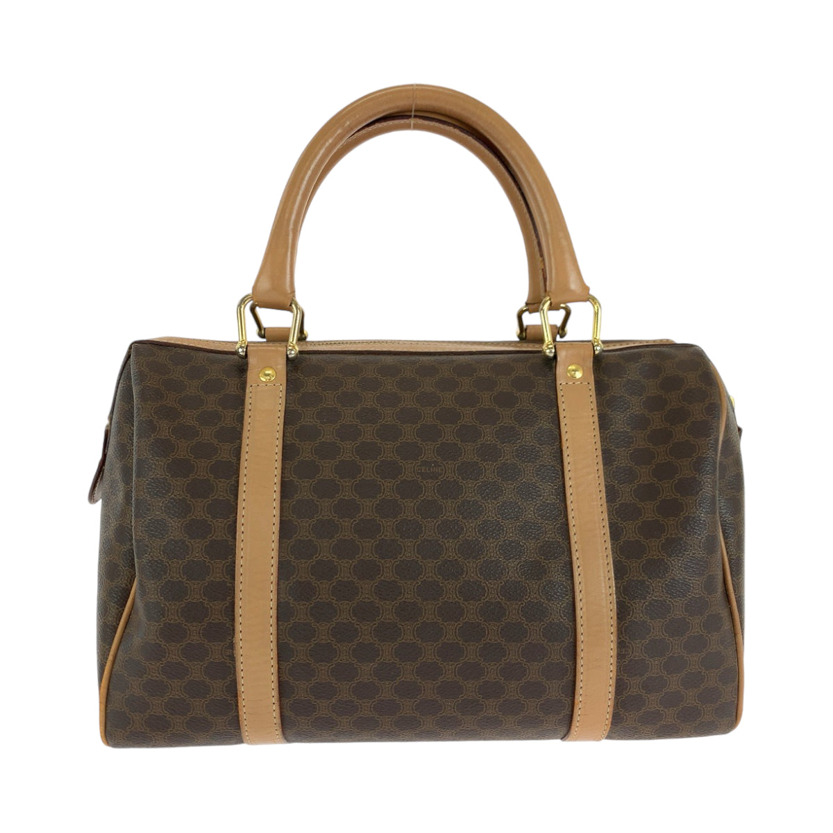 13939
CELINE セリーヌ ヴィンテージ マカダム ブラウン ゴールド金具 PVC M13 ボストンバッグ ハンドバッグ  レディース