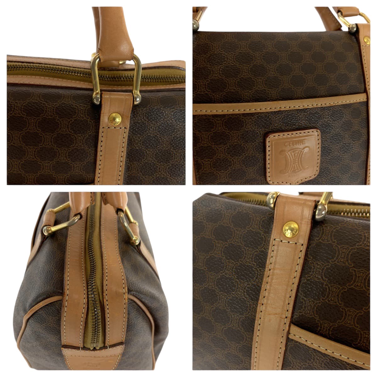 13939
CELINE セリーヌ ヴィンテージ マカダム ブラウン ゴールド金具 PVC M13 ボストンバッグ ハンドバッグ  レディース
