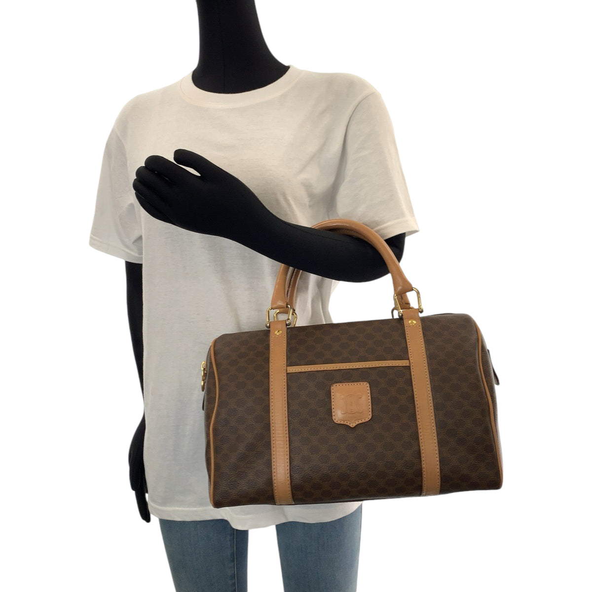13939
CELINE セリーヌ ヴィンテージ マカダム ブラウン ゴールド金具 PVC M13 ボストンバッグ ハンドバッグ  レディース