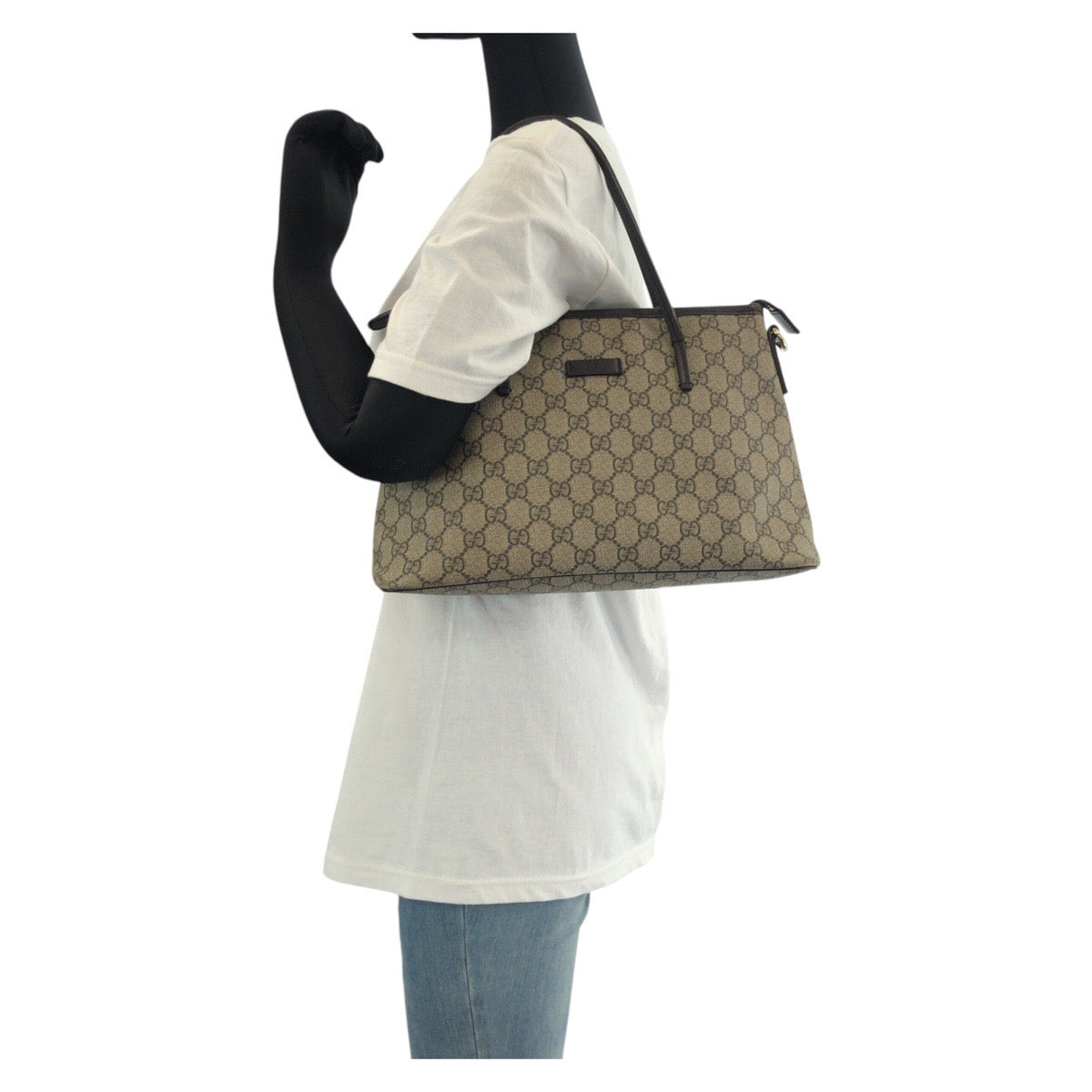 14457
GUCCI グッチ ブラウン グレー ゴールド金具 GGスプリームキャンバス / レザー 353440 トートバッグ ハンドバッグ  レディース