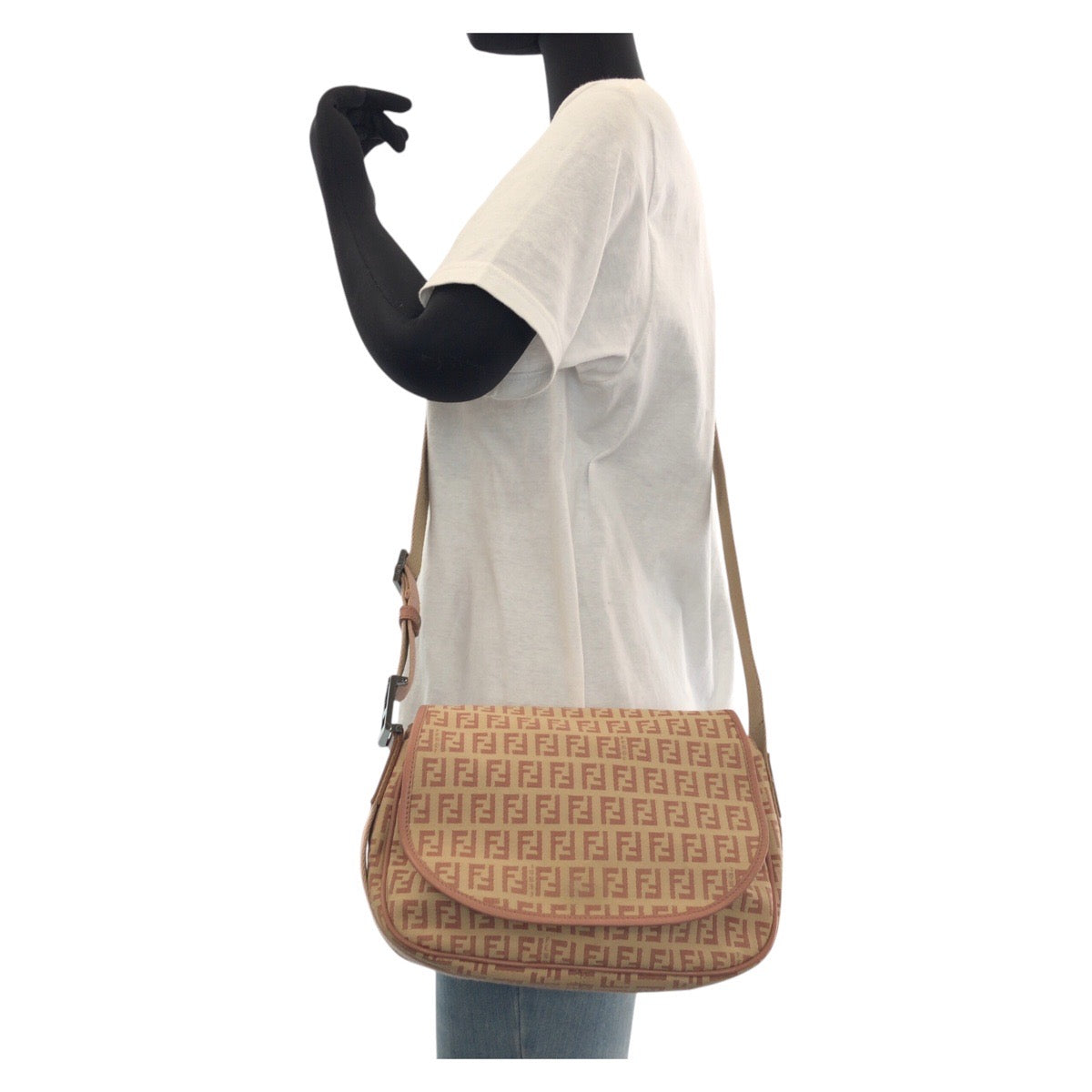 14460
FENDI フェンディ ズッキーノ ベージュ ピンク シルバー金具 キャンバス / レザー ショルダーバッグ ポシェット  レディース ABP34