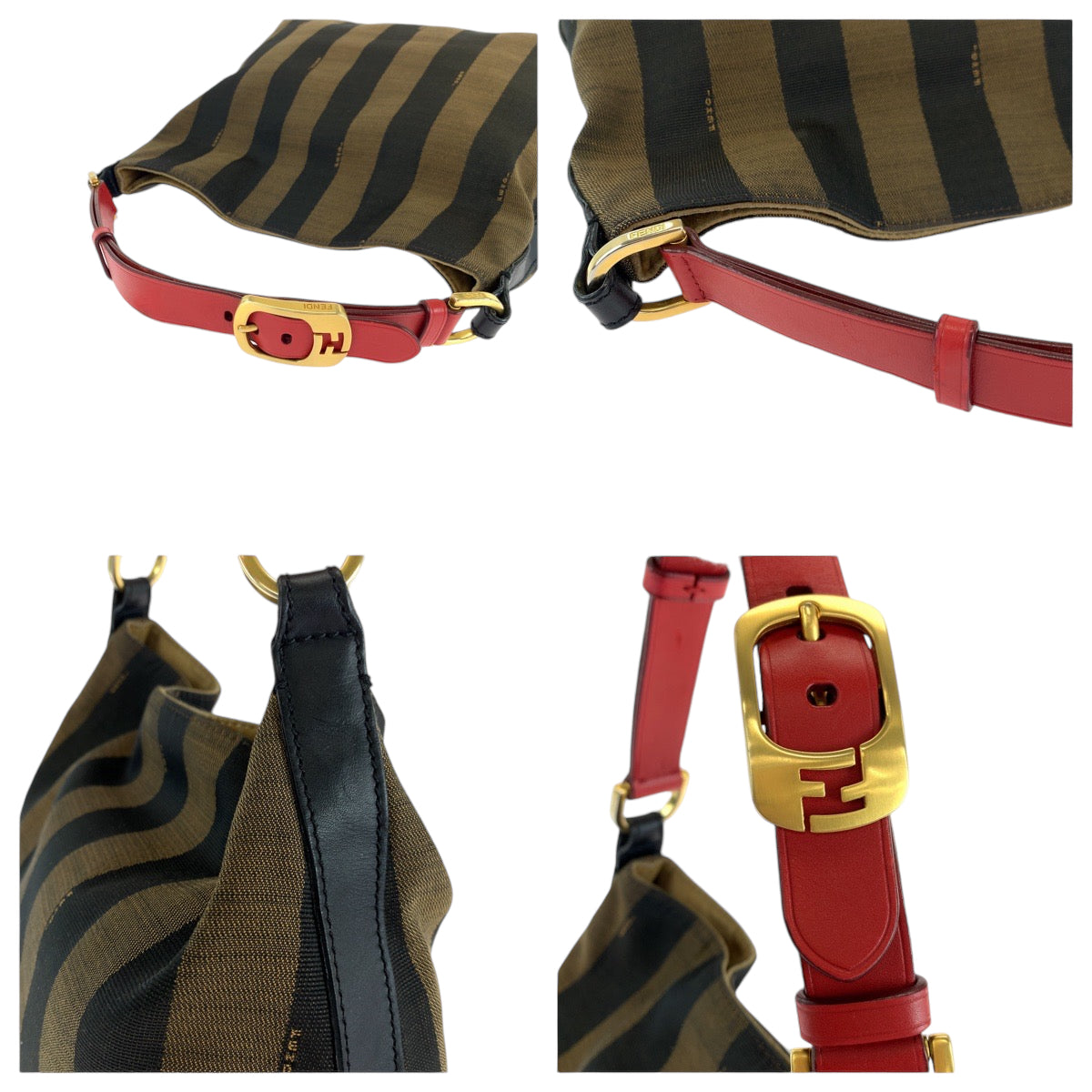 13945
FENDI フェンディ ホーボー ペカン柄 ブラウン レッド ゴールド金具 キャンバス 8BR669 FKN ホーボー ショルダーバッグ  レディース