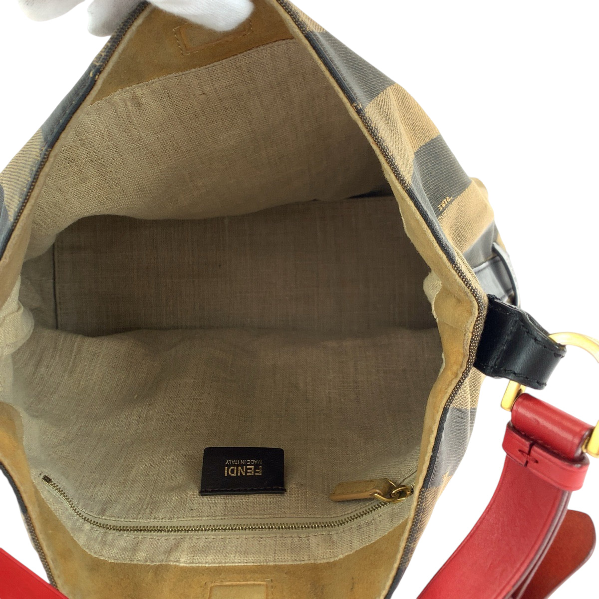 13945
FENDI フェンディ ホーボー ペカン柄 ブラウン レッド ゴールド金具 キャンバス 8BR669 FKN ホーボー ショルダーバッグ  レディース
