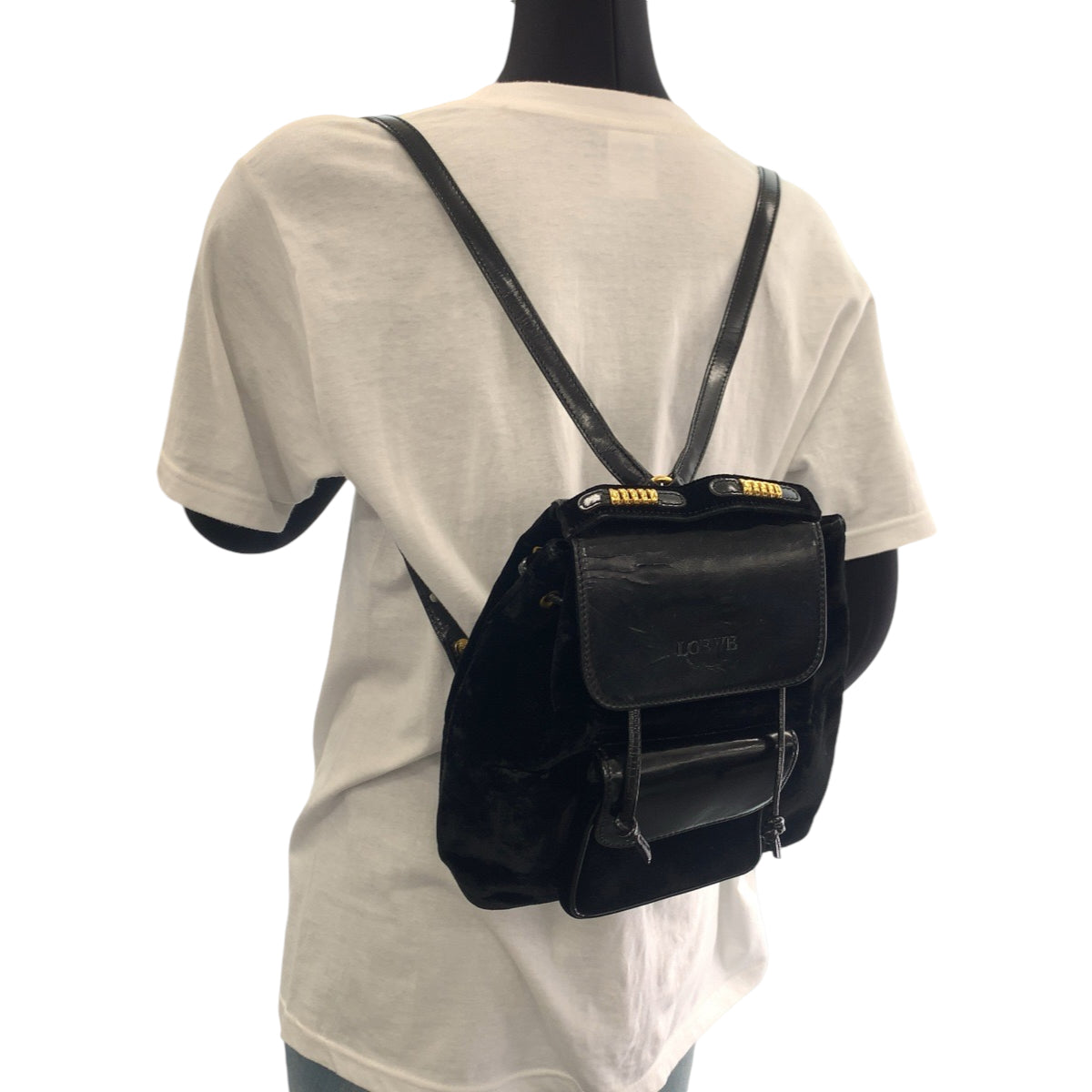 14464
LOEWE ロエベ ヴィンテージ ロゴ ブラック 黒 ゴールド金具 パテントレザー / スウェード リュックサック バックパック  レディース