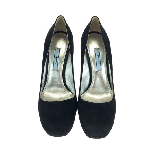 14472
PRADA プラダ ブラック 黒 ゴールド金具 スウェード パンプス チャンキーヒール ハイヒール  レディース ABP9