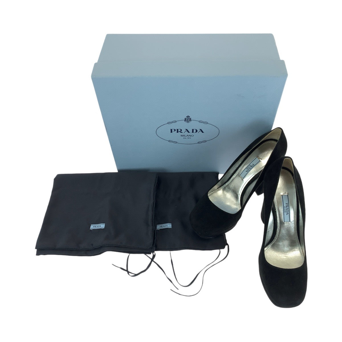 14472
PRADA プラダ ブラック 黒 ゴールド金具 スウェード パンプス チャンキーヒール ハイヒール  レディース ABP9