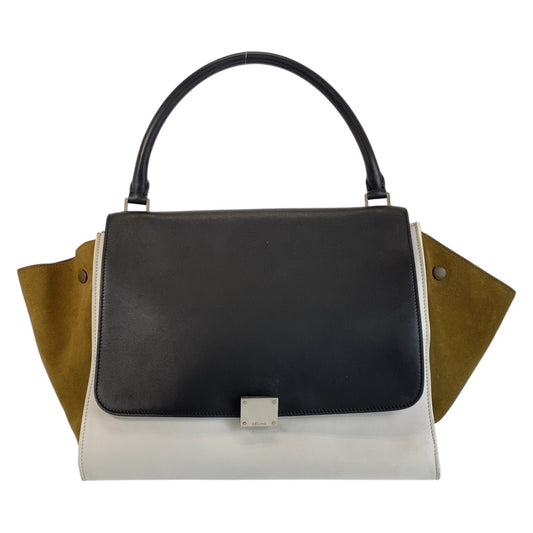 13963
CELINE セリーヌ トラペーズ ブラック ホワイト カーキ レザー / スウェード ハンドバッグ ショルダーバッグ  レディース