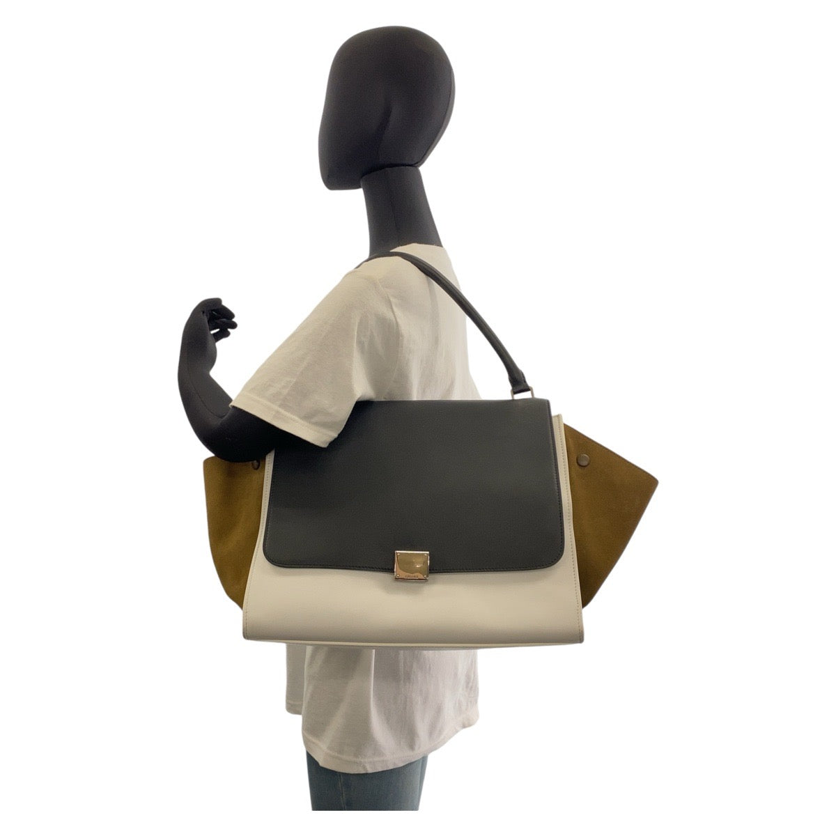 13963
CELINE セリーヌ トラペーズ ブラック ホワイト カーキ レザー / スウェード ハンドバッグ ショルダーバッグ  レディース
