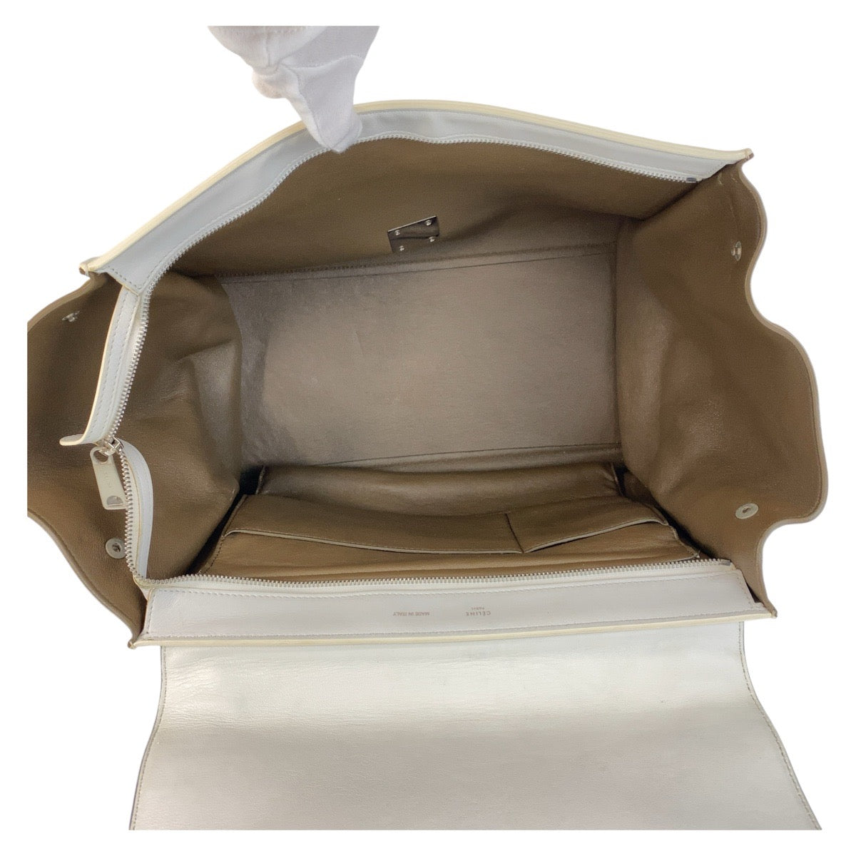 13963
CELINE セリーヌ トラペーズ ブラック ホワイト カーキ レザー / スウェード ハンドバッグ ショルダーバッグ  レディース