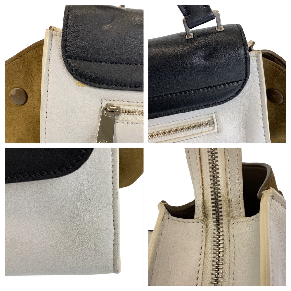 13963
CELINE セリーヌ トラペーズ ブラック ホワイト カーキ レザー / スウェード ハンドバッグ ショルダーバッグ  レディース