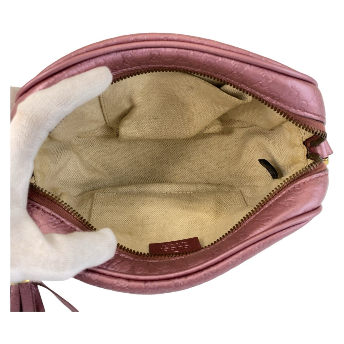 14476
GUCCI グッチ マイクログッチシマ メタリックピンク ゴールド金具 レザー 309538 斜め掛け ショルダーバッグ ポシェット  レディース