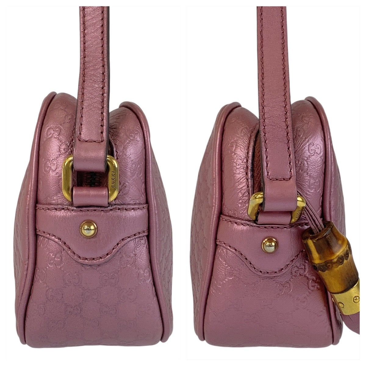 14476
GUCCI グッチ マイクログッチシマ メタリックピンク ゴールド金具 レザー 309538 斜め掛け ショルダーバッグ ポシェット  レディース
