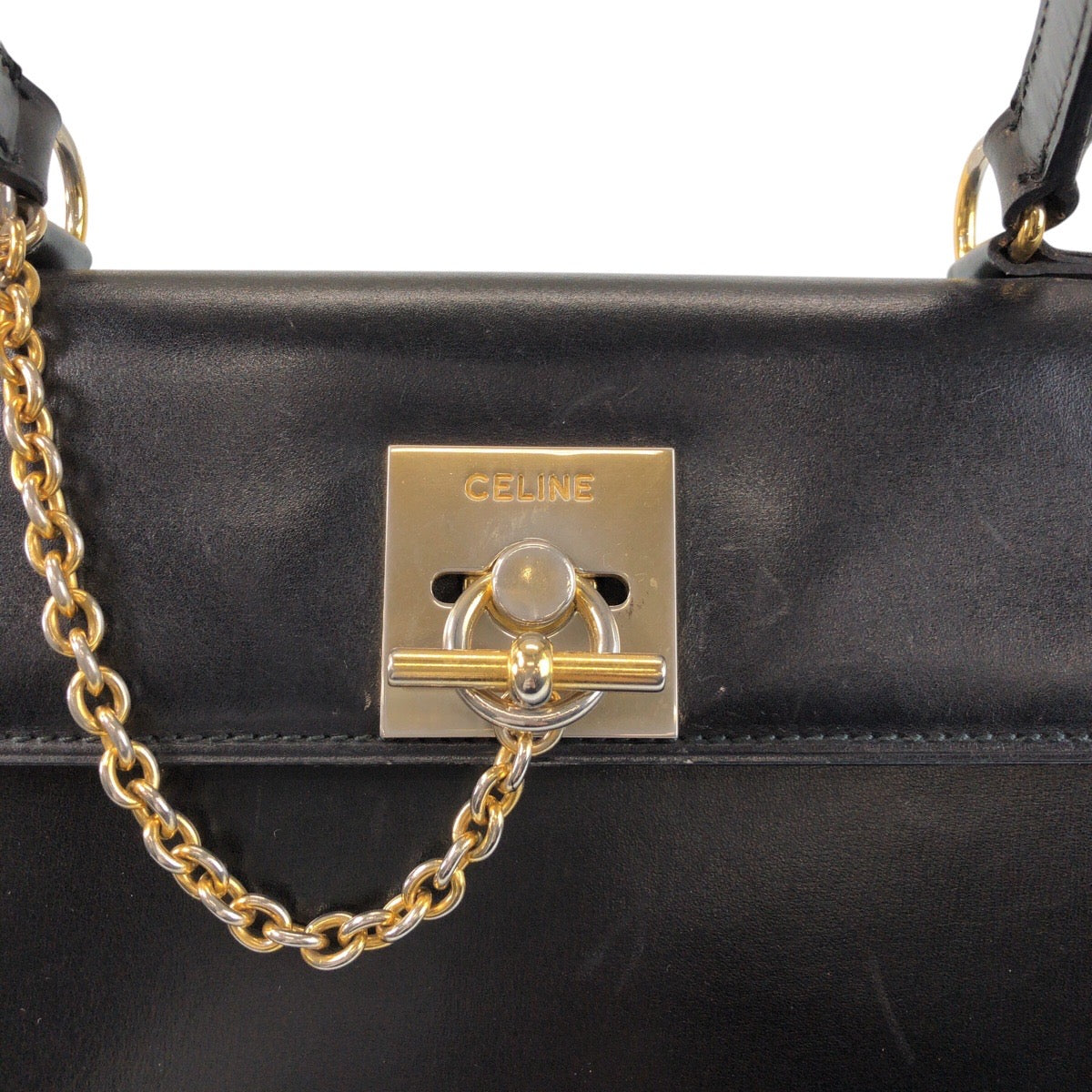 CELINE セリーヌ ヴィンテージ ガンチーニ ブラック 黒 ゴールド金具 レザー ハンドバッグ  レディース